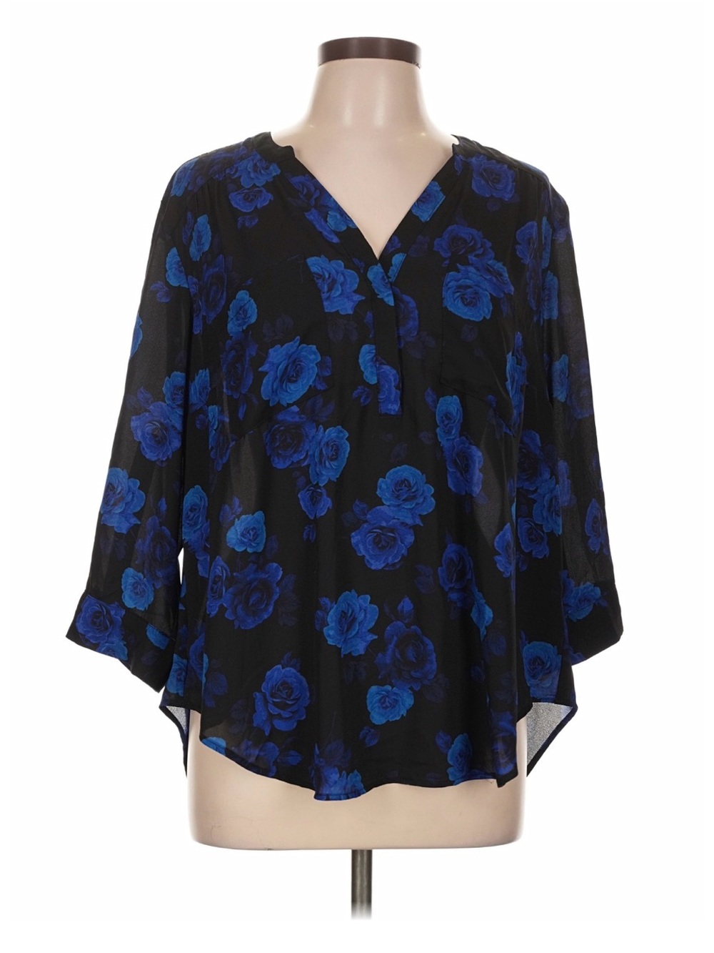Torrid Blue Floral Chiffon Blouse Size 2 | Black & Cobalt Blue | 3/4 Sleeve